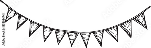 Party Flags String Hand-drawn Sketch Drawing Vector Illustration, Line Linear Symbol Engraving Coloring Book, Black and White Isolated