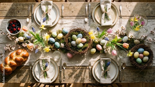 Rustic wooden table set for Easter with colorful eggs, fresh flowers, and spring decorations