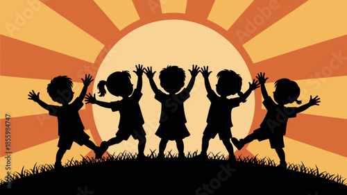 Happy childhood moments depicted in silhouette as children play on a grassy hill against a warm sunset