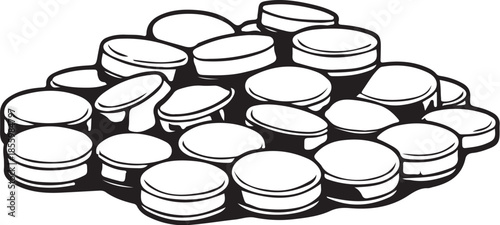 Pills Tablets Prescription Medication Pile Hand-drawn Sketch Drawing Vector Illustration, Line Linear Symbol Engraving Coloring Book, Black and White Isolated