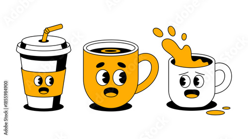 Cartoon illustration of three worried coffee cups, one spilling its drink in shock