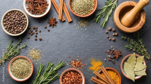 Assorted spices, herbs, and seasonings arranged on a dark stone surface with a wooden mortar and pestle