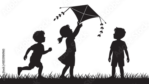 Three children enjoying an outdoor play session with a kite silhouette illustration