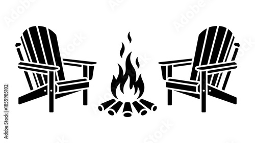 A black and white silhouette design featuring two adirondack chairs and a warm campfire.