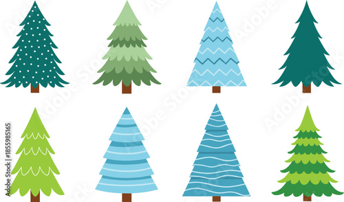 Set of stylized green pine trees and blue spruce icons for winter forest landscapes and Christmas holiday decorations.
