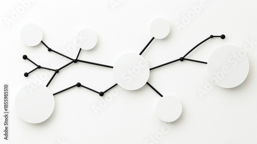 A modern art piece featuring a network of black lines and white circles on a white background.