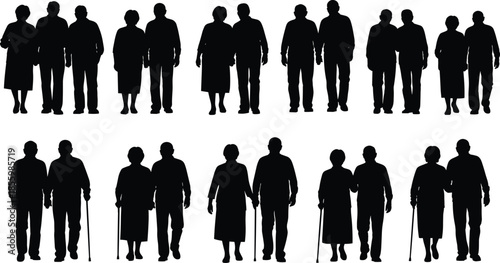 Silhouette of Elderly Senior Couples Walking Together Holding Hands and Using Walking Sticks in Flat Vector CAD Drawing Style Illustration