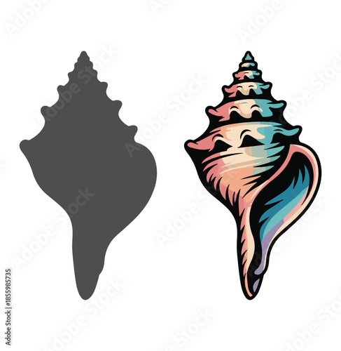 Colorful Seashell Illustration, Tropical Conch Shell Silhouette and Vector Design.