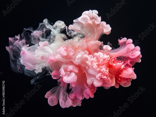 Colorful pink smoke on a black background. Like paint mixing in water, or a foggy sea.
