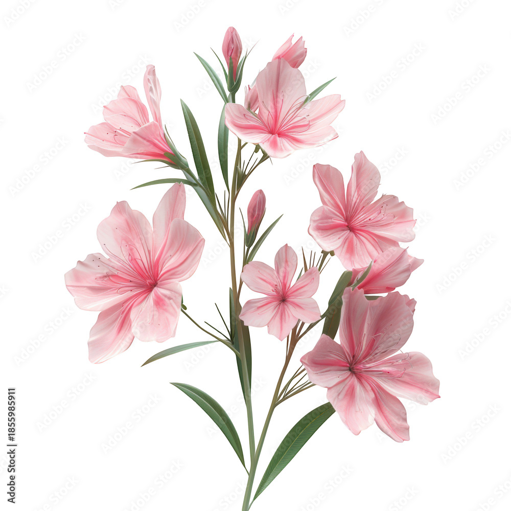Obraz premium Delicate Pink Oleander Flowers with Green Leaves Isolated bloom isolated on a transparent background