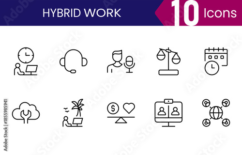 Hybrid work icon pack for remote jobs, office teams and flexible workplaces, simple minimal outline symbols for modern business, apps and web design