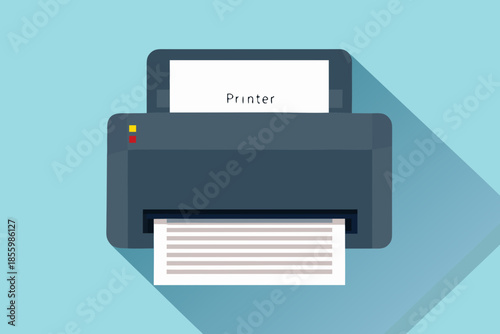 A simple flat design illustration of a dark blue printer with paper