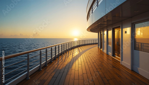 Luxury cruise ship deck at sunset with calm ocean and wooden flooring