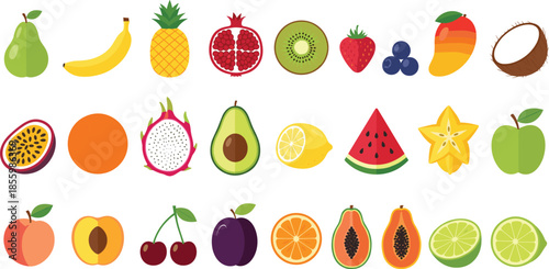 Colorful Fruit Icon Set Featuring Tropical and Fresh Fruits Including Apple, Banana, Pineapple, Watermelon, Citrus, and Berries for Food, Nutrition, and UI Design