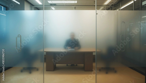 Blurry figure working at desk in modern office meeting room with glass partitions and frosted glass walls