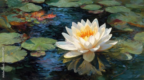 Water lily floating on a pond surrounded by green leaves and reflecting calm water in a bright afternoon light