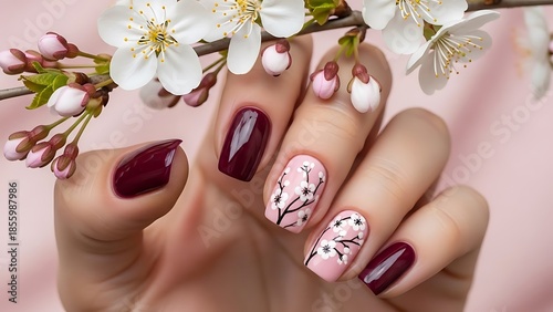 Elegant Spring Nail Art with Cherry Blossoms: Delicate Floral Designs on Soft Pink & Deep Red Glossy Finish for Women