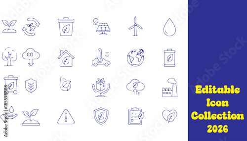 Design an eco icon set with 30 outline icons including leaf, plant, tree, recycle, recycling bin, renewable energy, solar panel, wind turbine