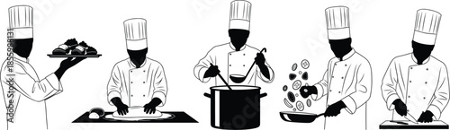 Professional chef silhouettes set showing restaurant kitchen staff cooking preparing food and serving meals isolated on white background vector