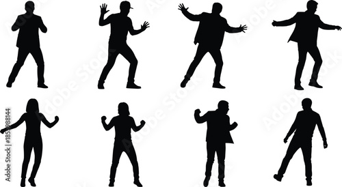 Black silhouettes of dancing people in various energetic poses isolated on white background for party and music event design