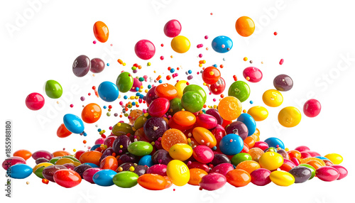 Colorful candy, a mix of small, round, and flat pieces, exploding onto a pile