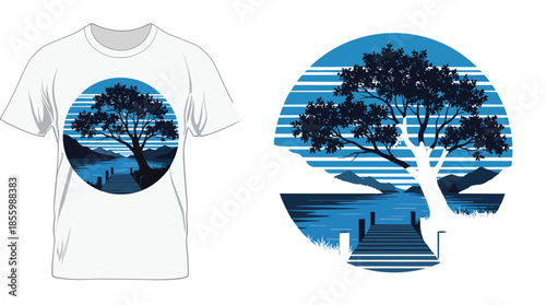 Vintage landscape t-shirt design with a tree and wooden pier on a lake at sunset inside a circular blue frame vector
