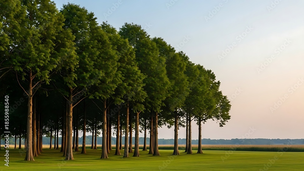 Obraz premium Lush Green Trees Aligned in Park Near Tranquil Water Body