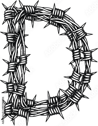 Barbed wire letter D illustration, black and white industrial alphabet design, sharp metallic wire font, cad drawing flat vector illustration