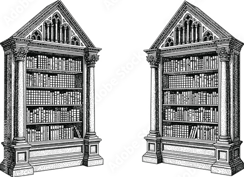 Antique gothic bookcase vector illustration featuring classical architecture with columns and pointed arches cad drawing flat vector illustration