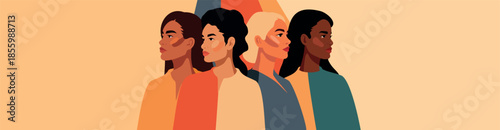 Horizontal vector banner with space for text for Women's Day, March 8. Women of different skin colors stand together. Gender equality women's empowerment, feminism, freedom, unity. For social projects