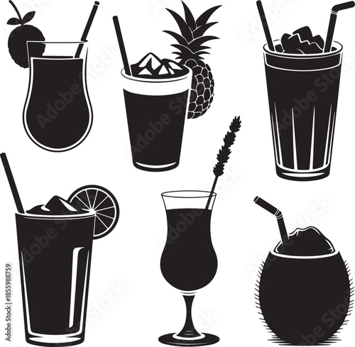 Assorted tropical drink icons with garnishes isolated on transparent background