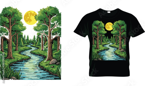 Nature landscape t-shirt design featuring a winding blue river through a green forest with tall trees and a full moon vector