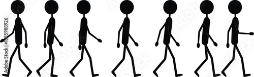 Black stick figure silhouette walking animation sequence showing different stages of a walk cycle isolated on white background vector