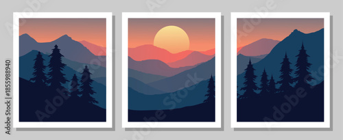 Vibrant mountain landscape with pine trees at sunset