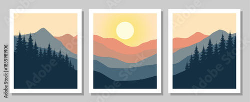 Stunning mountain landscape with sunset and trees in minimalist style