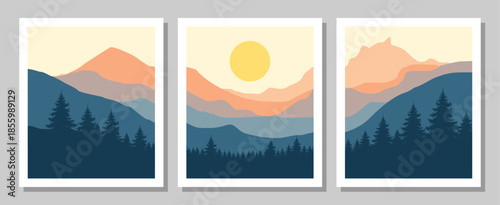 Vibrant mountain landscapes with pine trees at sunrise