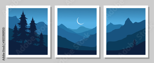 Serene mountain landscapes with crescent moon and pine trees