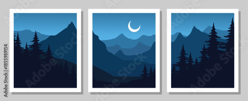 Serene mountain landscapes with trees and moonlit night sky