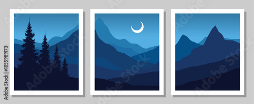 Serene blue mountain landscapes with moonlit night sky and pine trees