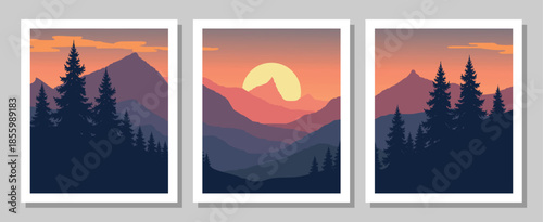 Vibrant mountain landscape with pine trees at sunset