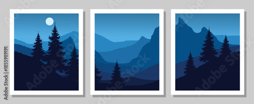 Serene mountain landscapes with pine trees in blue hues at dusk