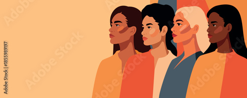 Vector horizontal banner with space for text for Women's Day, March 8. Women of different skin colors stand together. Gender equality women's empowerment, feminism, freedom, unity. For social project