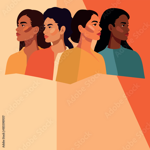 Vector banner for Women's Day, March 8, women of different cultures, nationalities in profile. Gender equality, women's empowerment. Illustration with space for text for women's and social projects