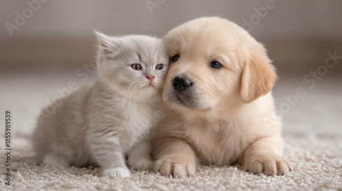 Adorable Puppy and Kitten Cuddling Together on Soft Carpet in Bright Indoor Setting, Perfect for Pet Lovers and Animal Enthusiasts