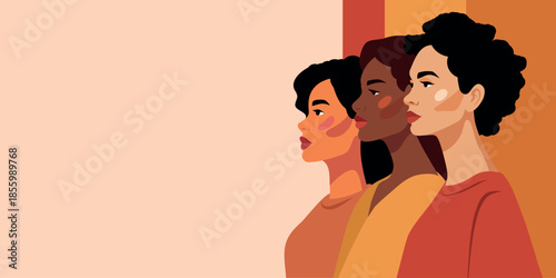 Vector banner with space for text for Women's Day, March 8. Women of different cultures and skin colors together. Gender equality, women's empowerment, feminism, freedom, unity. For social projects