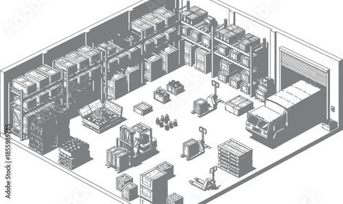 Isometric black and white warehouse interior scene illustrating logistics operations with various stored goods, forklifts, and a loading military truck.