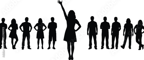 Silhouette of people standing in row, one person raising hand, leadership concept, individuality, confidence, crowd illustration, flat vector
