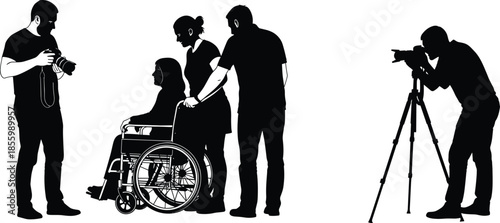 Inclusive photography session silhouette, people with disability, teamwork, camera setup, creative collaboration and diversity in action scene, flat vector