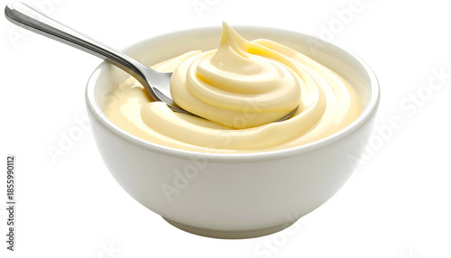 Creamy, pale sauce swirls in a white bowl with a spoon, isolated on a black background