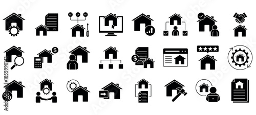Property management icon set, containing property search, sign contract, leasing, agreement, property, ownership, repair and more. Solid vector icons collection.